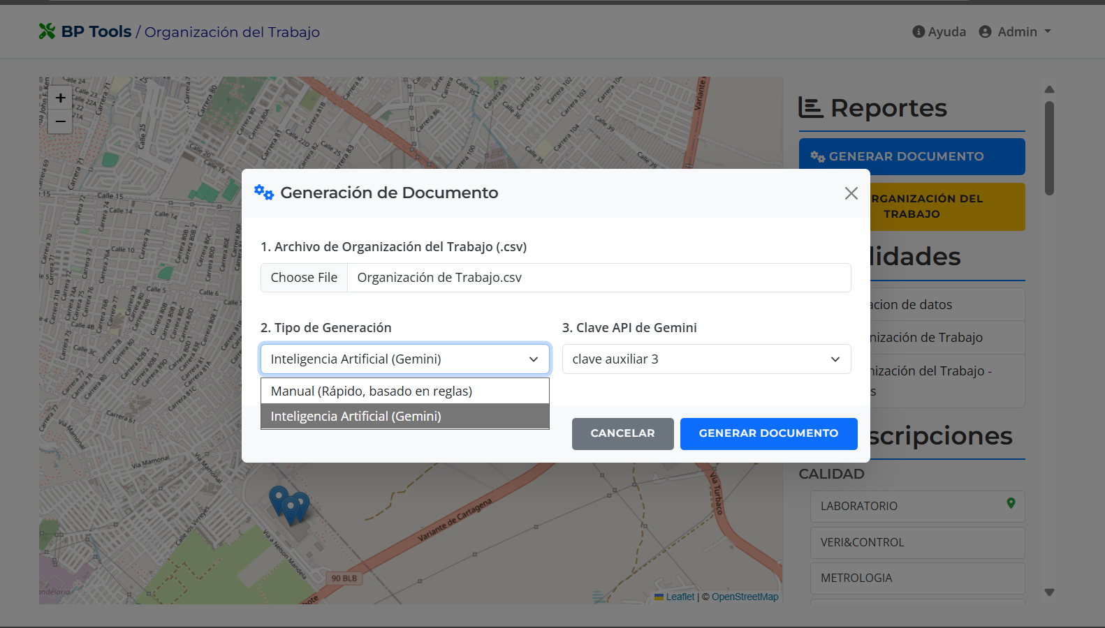 AI Generation Modal for Work Organization Documents
